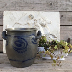 Large vintage confit pot/grey sandstone jar/hand painted stoneware/urn/cobalt blue and gray/a planter/a jardinière/French country decor image 8