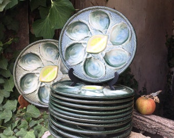 12 beautiful oyster plates/French vintage barbotine dishes/Saint Clement Majolica ceramics/a sea green shell fish service/French chic table