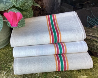 3 French linen tea towels/3 vintage kitchen towels/thick linen drying up cloths/red green and yellow kitchen linen/French farmhouse decor