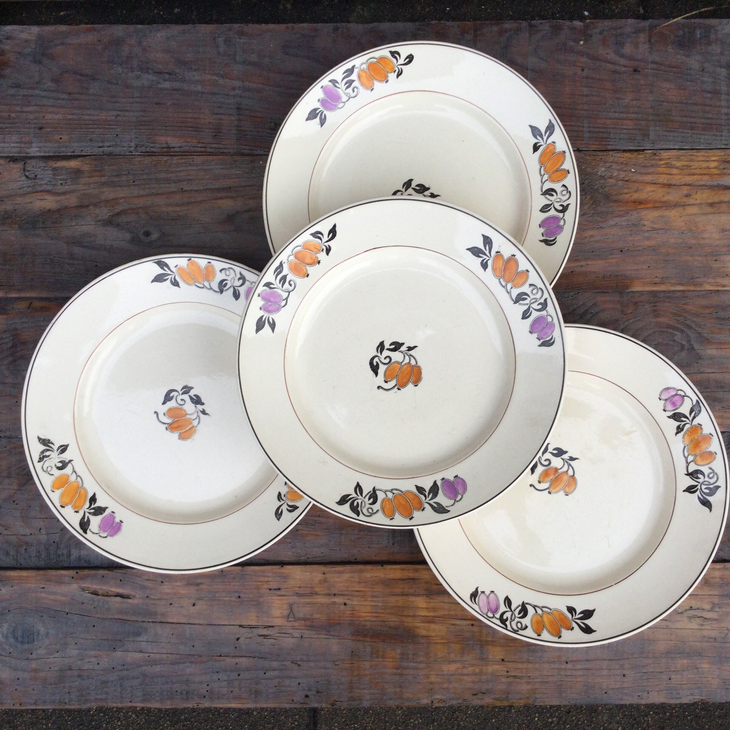 4 Grandes Français Assiettes, Plats. Longchamp Faience Modèle Dieppe'. Vintage Transferware Décor Co