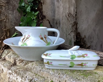 Rare bathroom faience/Paris porcelain/rose bud design/bowl, pitcher and rectangular box/French vintage ceramic set/French country decor