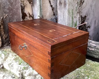 French antique walnut box/marquetry trinket box/jewelry box/2 tone inlay box/inlay monogram GC/decorative box/French country decor