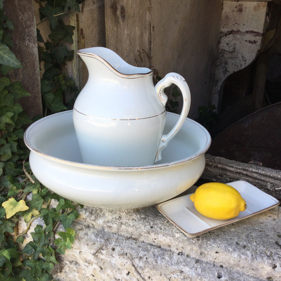 Large Antique Wash Bowl Pitcher and Soap Dish/moulin Des Etsy