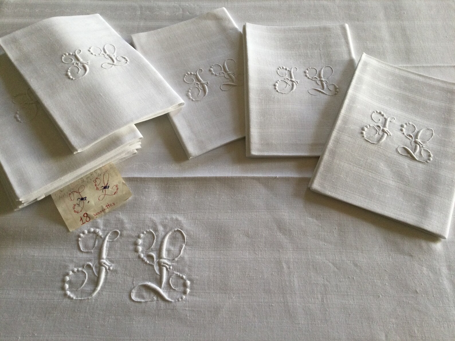 8 Antique Table Napkins Hand Embroidered Monogram JL Linen Etsy