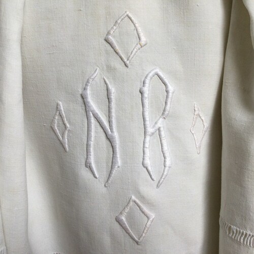 Antique French linen sheet/linen ‘fil’ for home improvements/hand embroidered monogram on sale NR/linen for home projects/fabric for supplies