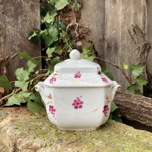 Può includere: Zuccheriera in porcellana bianca con coperchio, decorata con uva rosa e dettagli dorati. La ciotola ha una forma quadrata con angoli arrotondati e due manici.