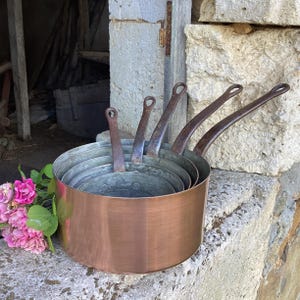 Set of 5 copper pans/French vintage sauce pans/tin lined battery/artisan cooking utensils/antique rustic kitchen pots/French farmhouse decor