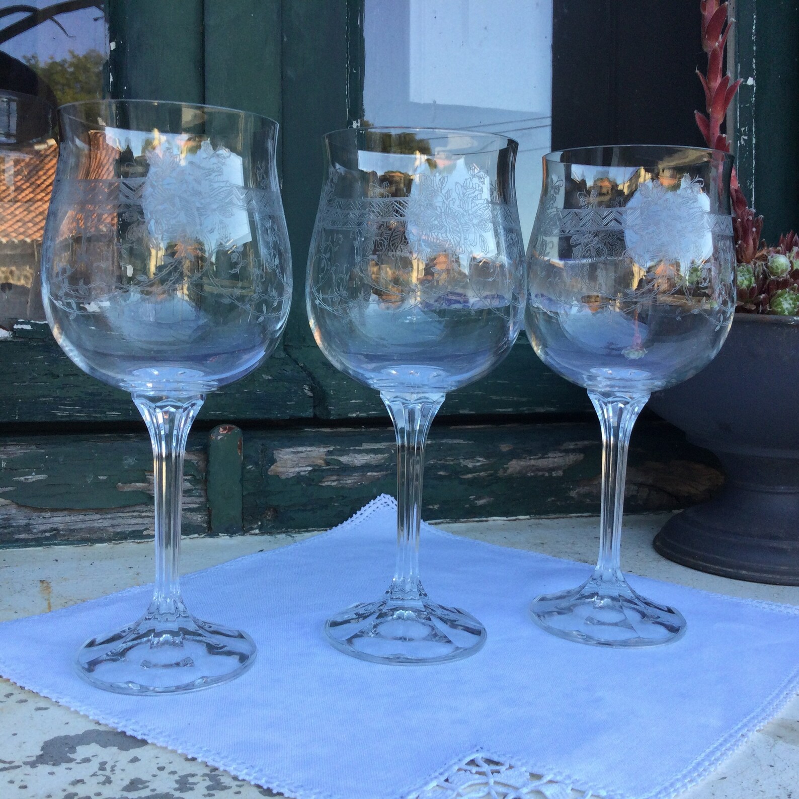 6 Long Stemmed Water and Wine Glasses 1940s Bohemian Tulip Etsy