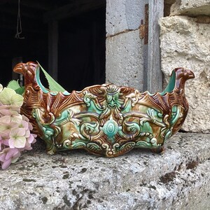1900er Salins Barbotine Planter : Majolika-Mittelstück, Türkis, Braun und Grün Drakkar