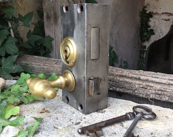 Rare vintage door lock with 2 keys/metal mounted security lock/powder factory locking device/salvaged door hardware/French country decor