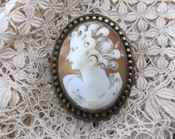 A big French antique brooch/necklace pendant/mother of pearl cameo brooch, pendant/shell and brass jewelry/French vintage cameo  jewelry