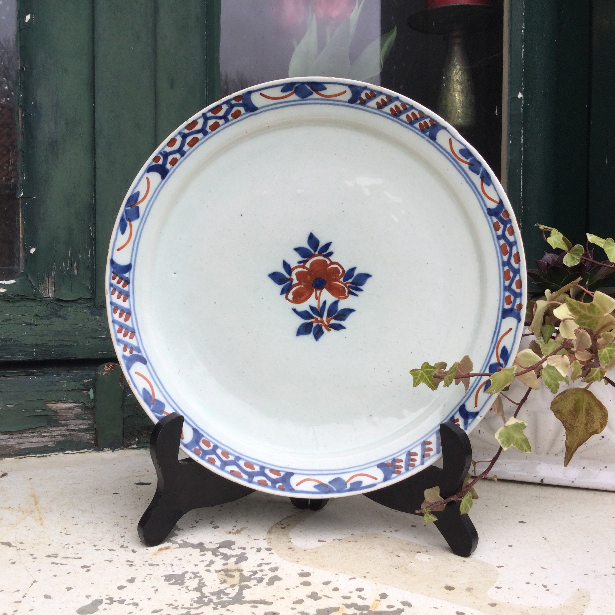 1800's Français Assiette Peinte à La Main Faïence Bleu et Marron Petit Plat Très Décoratif Céramique