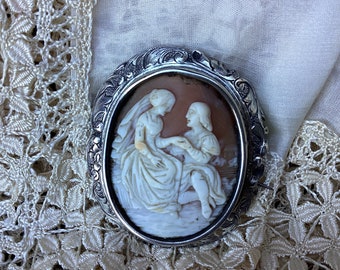 A large antique cameo brooch/mother of pearl cameo and silver brooch/etched shell and silver jewelry/romantic scene/French vintage cameo