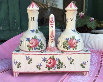Vintage French Pink Ceramic Oil and Vinegar caddy