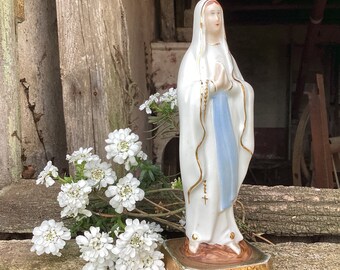 Porcelain statuette/Virgin Mary statue/Lourdes souvenir/holy water porcelain bottle/French vintage religious decor