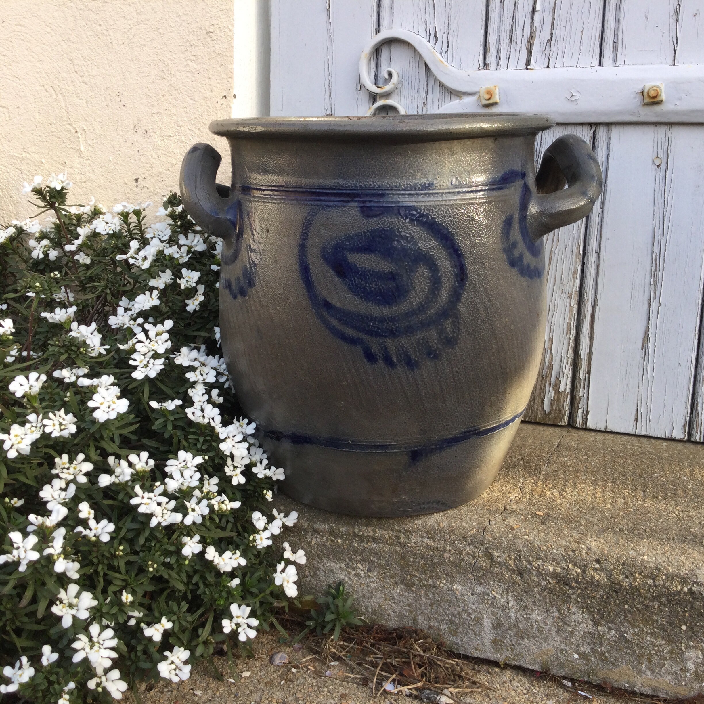 Pot Confit Antique Alsace, Pot en Grès Gris Betschdorf, Urne Peint à La Main, Détails Bleu Cobalt, J