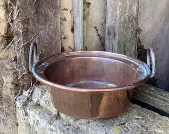 Antique French copper skillet/big 2 handled pan/19thC handmade cooking utensil/a stunning planter/French farmhouse decor