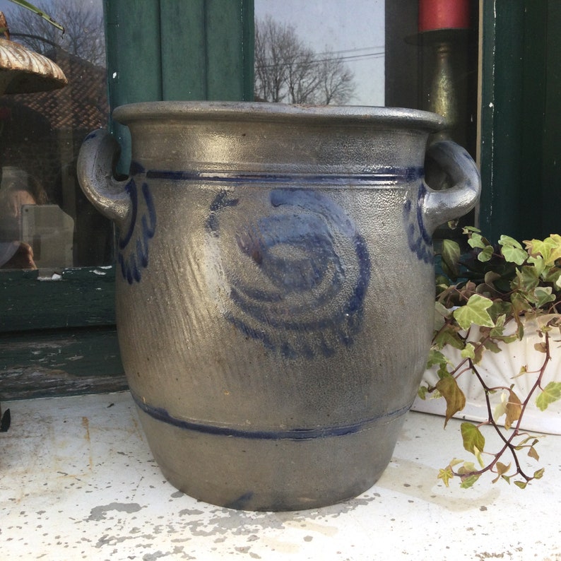 Large vintage confit pot/grey sandstone jar/hand painted stoneware/urn/cobalt blue and gray/a planter/a jardinière/French country decor image 5