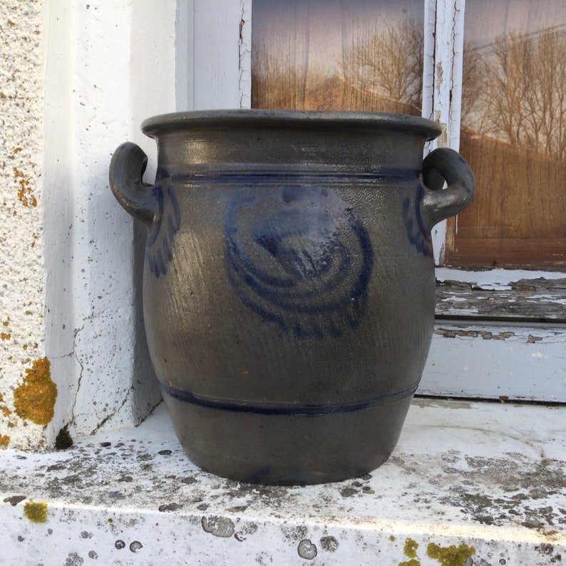 Large vintage confit pot/grey sandstone jar/hand painted stoneware/urn/cobalt blue and gray/a planter/a jardinière/French country decor image 2