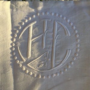 French antique flat sheet/queen size linen sheet/hand embroidered bedlinen/monogram H.C./biscuit color fabric/French country decor