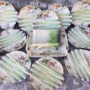 WAA Floribel Barbotine-Service. Englische Antiquitäten. 1870 Majolika-Set, 10 Muschelschalen und ein Serviermittelstück. Sehr selten, sehr sammelwürdig