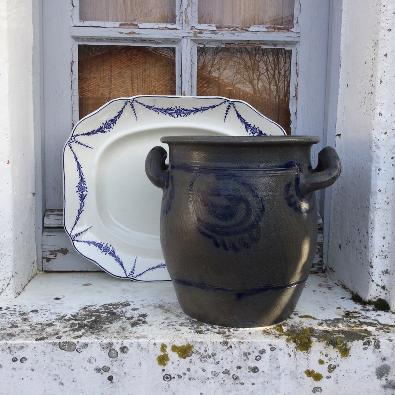 Large vintage confit pot/grey sandstone jar/hand painted stoneware/urn/cobalt blue and gray/a planter/a jardinière/French country decor image 9