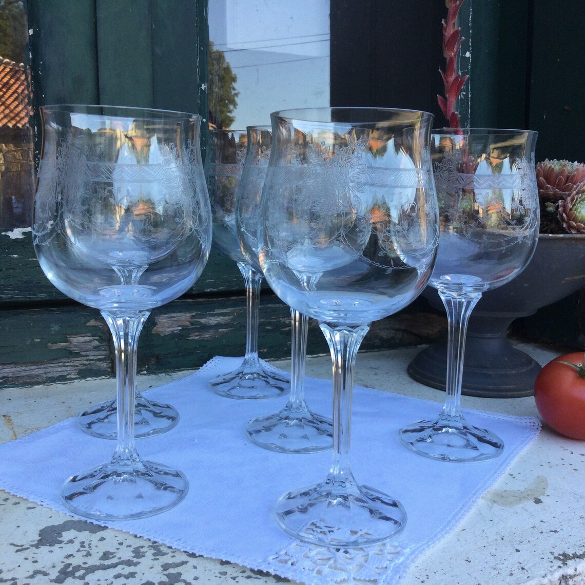 6 Long Stemmed Water and Wine Glasses 1940s Bohemian Tulip Etsy