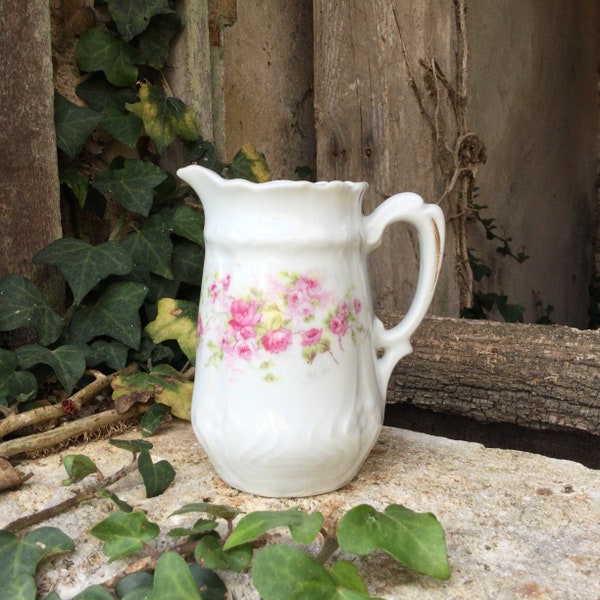 1910’s French porcelain creamer/ceramic milk jug/pretty vase/antique pitcher/wild roses transferware/French country decor