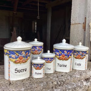 A set of 6 French vintage storage canisters/porcelain spice jars with lids/ceramic storage pots/French farmhouse country decor