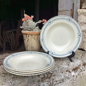4 bols à soupe anciens/4 plats à pâtes/assiettes à salade/faïence de collection des années 880/pierre de fer française bleu sur blanc transfert/décor champêtre français