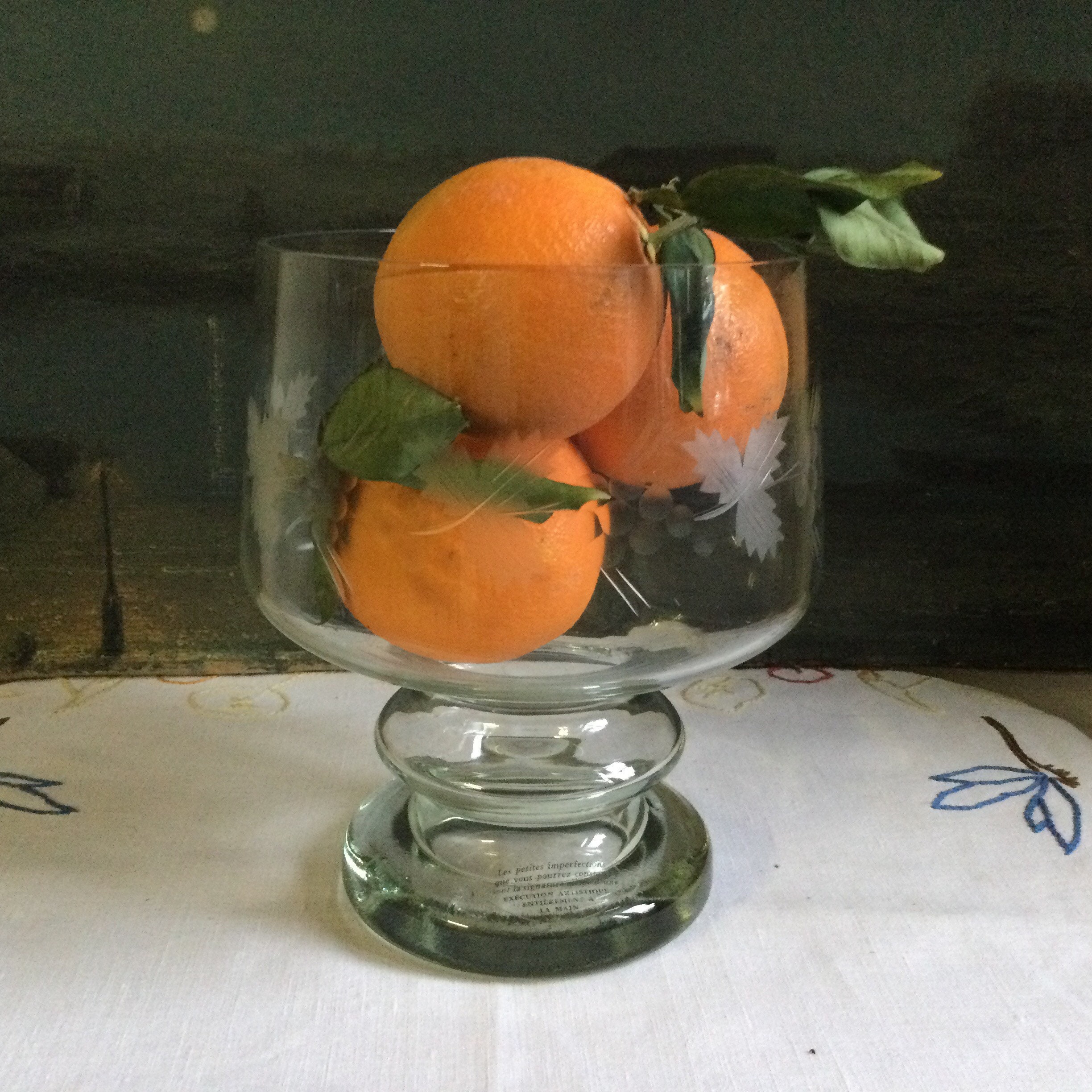 Bol en Cristal Gravé. Superbe Pièce Maîtresse Verre. Fait à La Main, Unique Soufflée Bouche. Origina