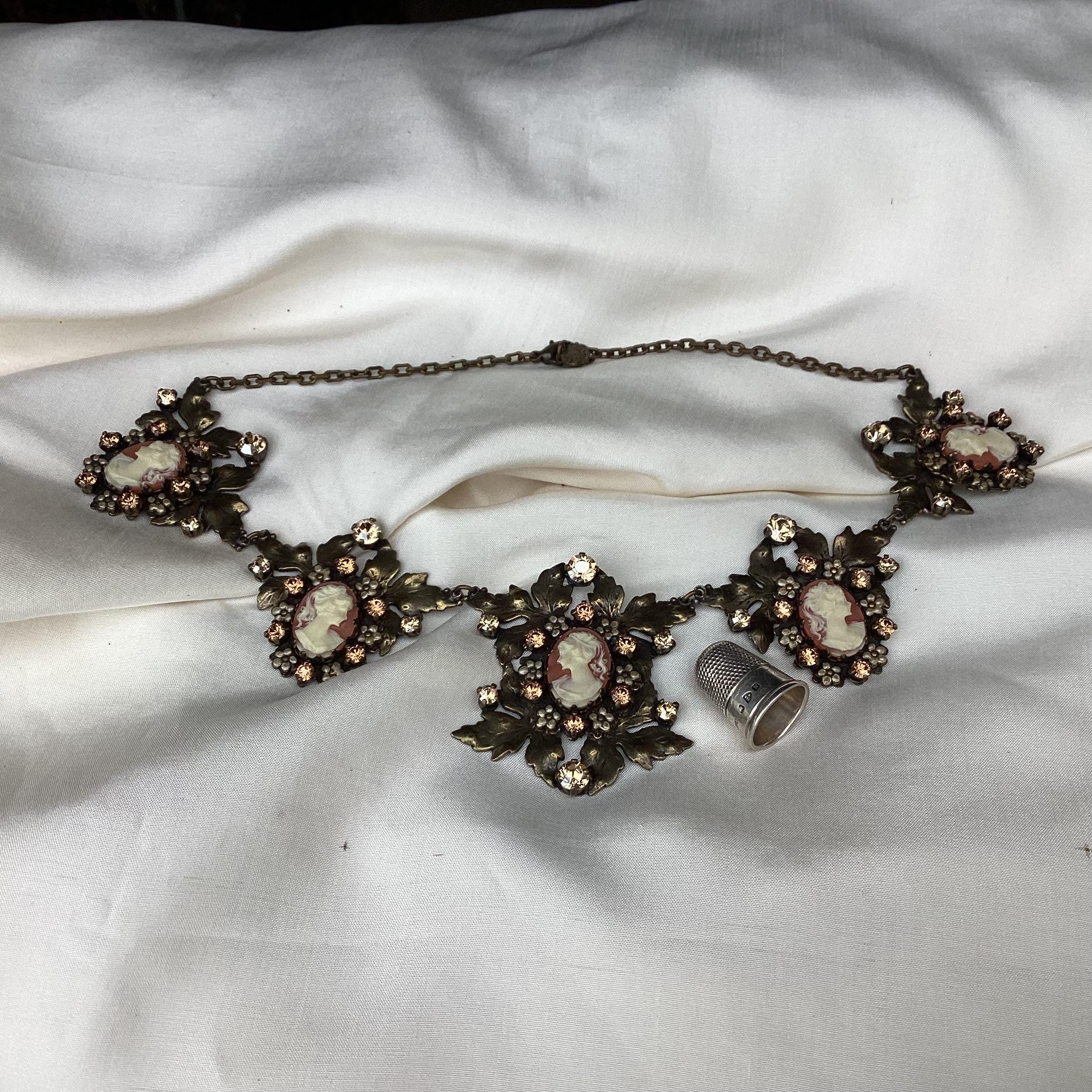 Vintage Zazou Cameo Necklace, Bronze Tone Strass French Couture - Etsy