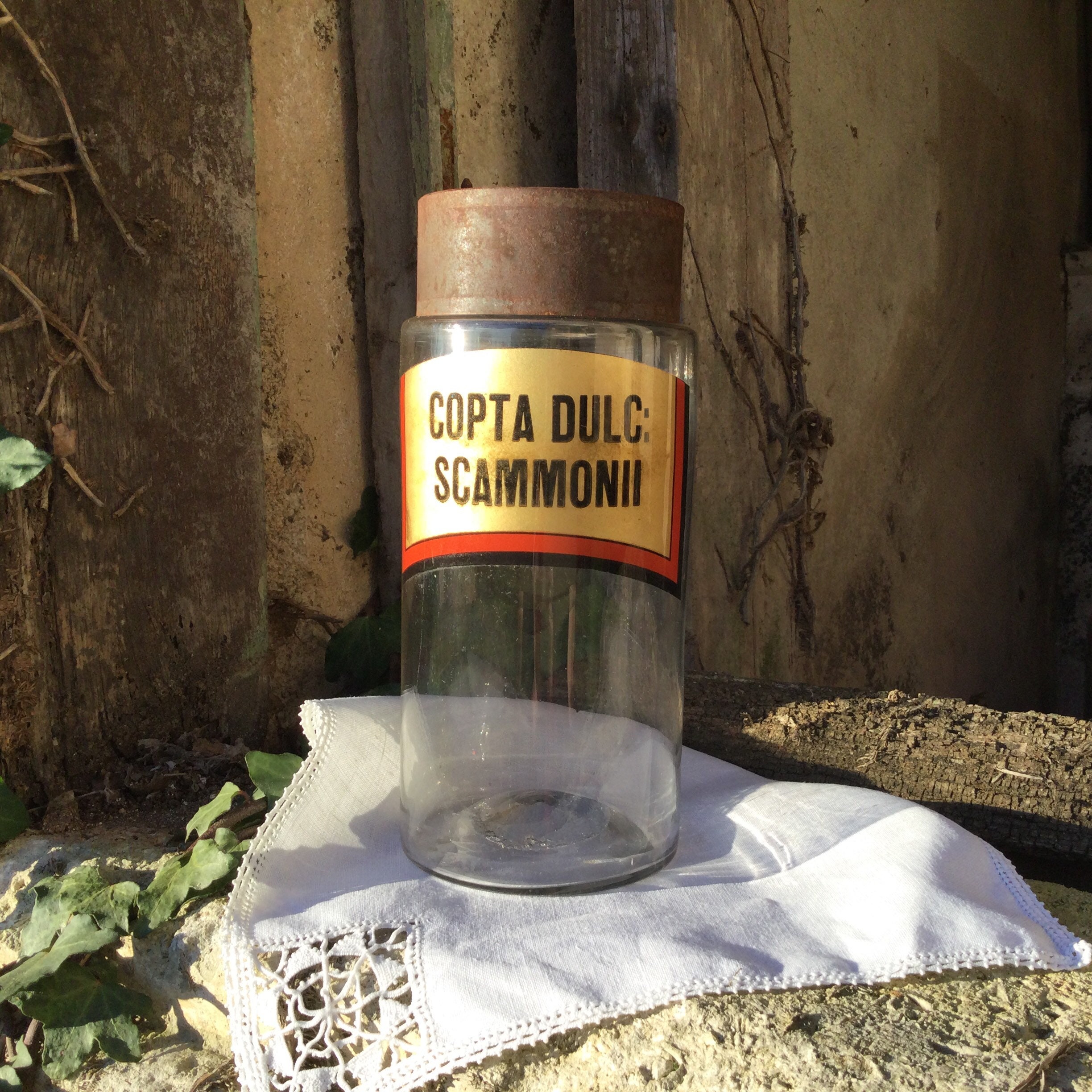 Pot d'apothicaire Antique avec Couvercle en Métal Haut Bouche Verre Soufflé Pharmacie Bouteille de S