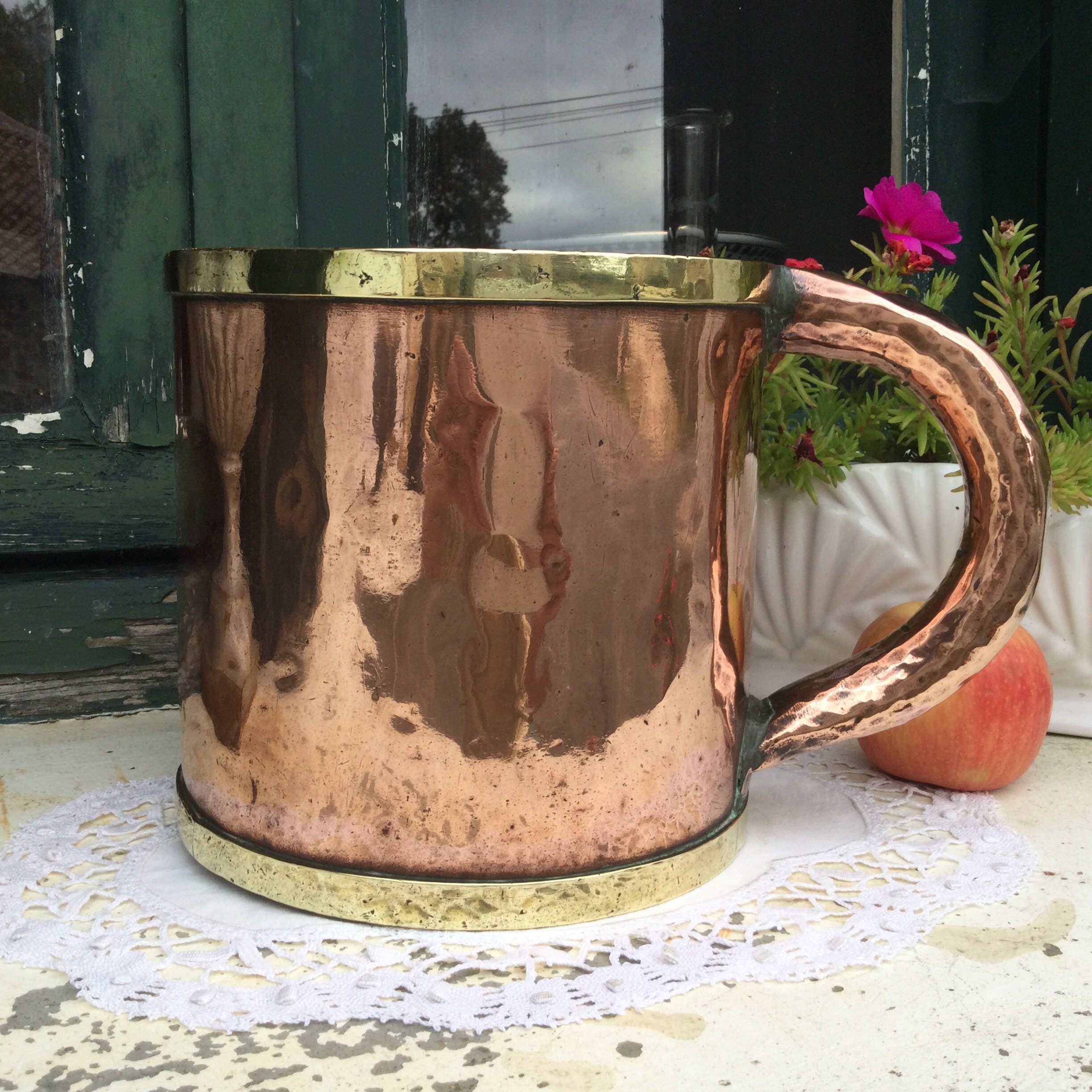 Art Artisanal Des Années 1800 Cuivre et Laiton Grain Mesure Manipulation Cuillère à Impulsion Frappa