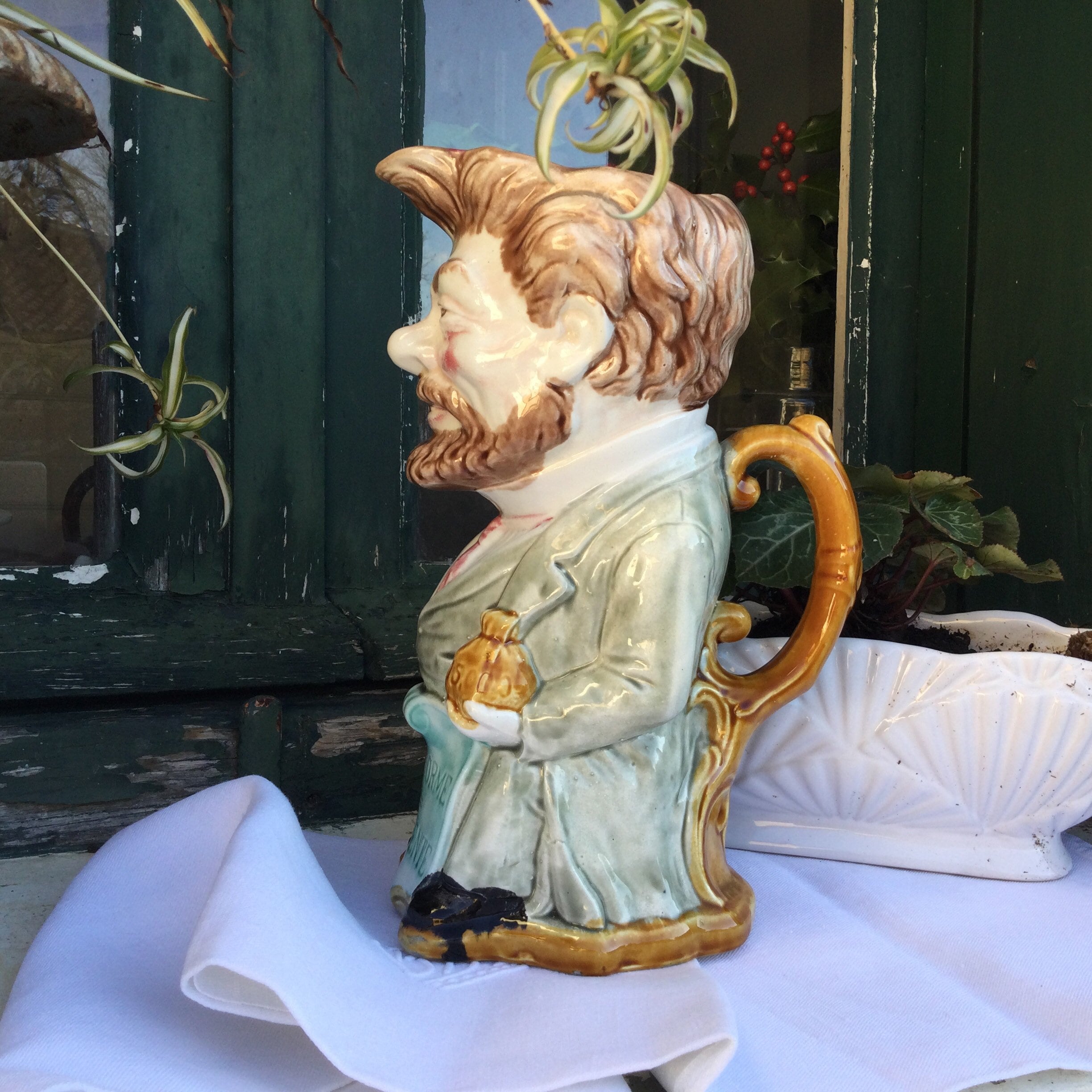 Pichet à Barbotine Antique Onnaing Numéro 741 Réforme Urgente Céramique Anthropomorphe Ewer Majolica