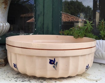 Very large ceramic bowl, planter 1930s Digoin Sarreguemines hand painted pink faience. French country tableware and decor