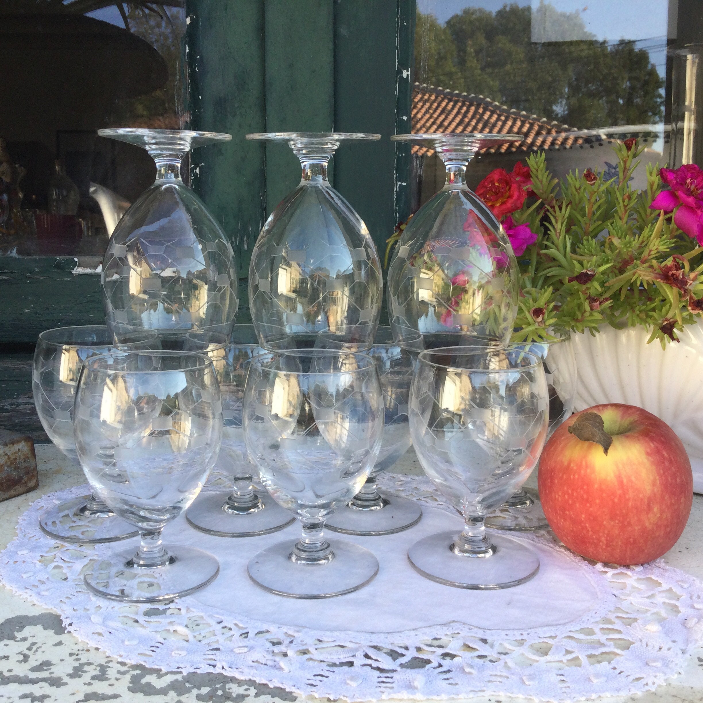 10 Français Verres à Vin Rouge et Blanc Millésimés, Porto, Sherry ou Pour Cuit, Gravé, Design Géomét