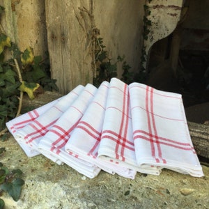 6 French linen tea towels/vintage kitchen towels/linen hand towels/red stripes drying up cloths/French kitchen linen/French country decor