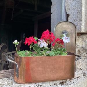 May include: A copper planter box filled with red and white geraniums. The rectangular planter has curved handles and a hinged lid. The flowers are in full bloom, with green leaves providing a contrast to the vibrant blossoms. The planter is set against a stone wall.