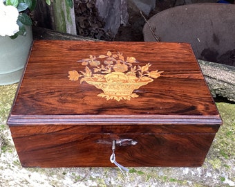 French antique wooden box and key/antique marquetry trinket box/jewelry box with key/a bouquet inlay lid box/French country decor