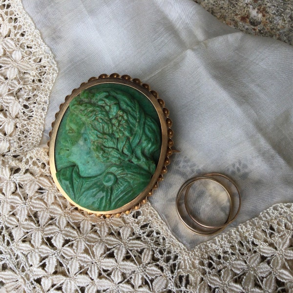 A big oval cameo brooch/antique 18K gold jewelry/gold and green turquoise brooch/lady’s profile brooch/French antique jewelry