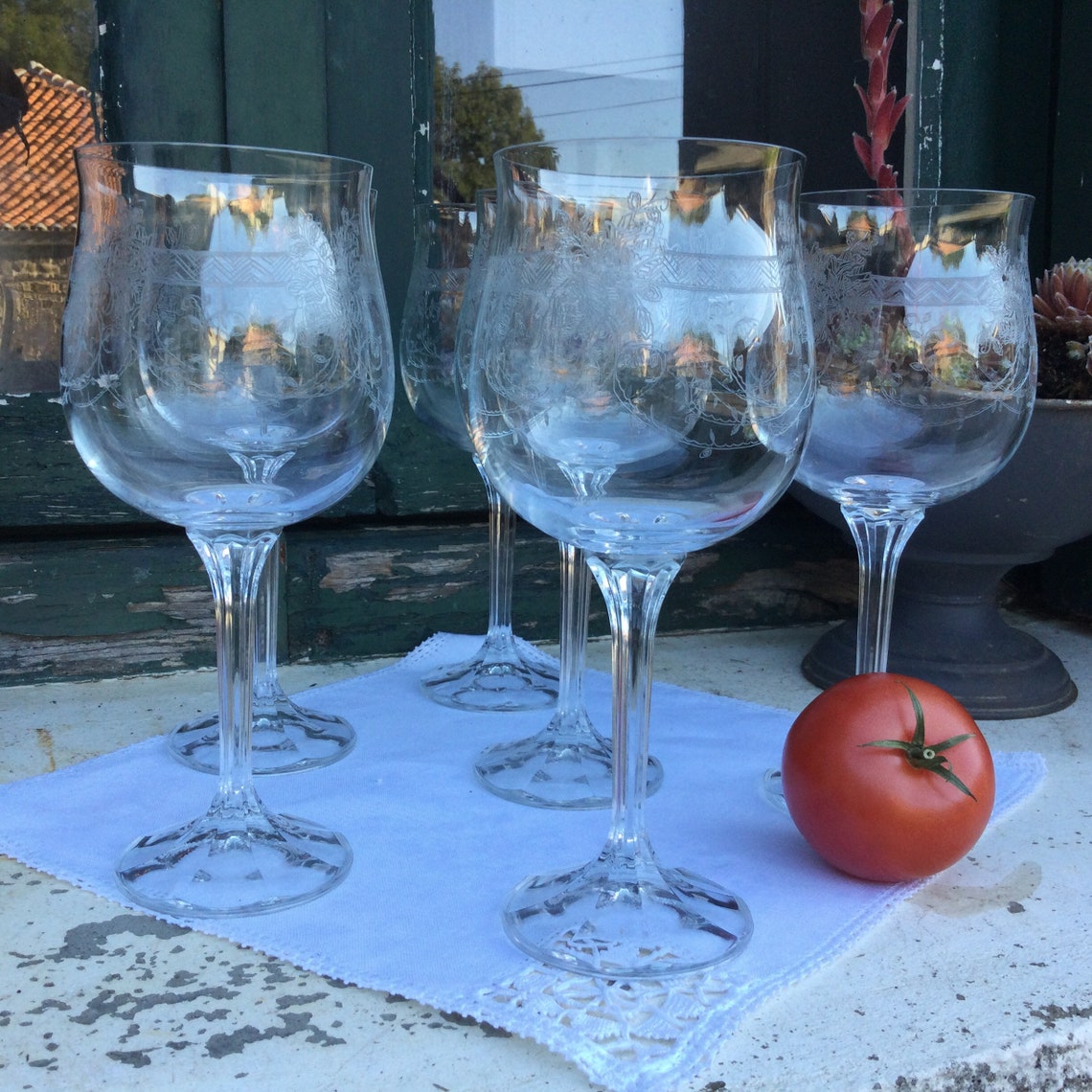 6 Long Stemmed Water and Wine Glasses 1940s Bohemian Tulip Etsy