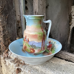 Rare bathroom faïence/antique Limoges porcelain bowl and pitcher/wash basin and jug/hand painted scenes/bathroom ceramics