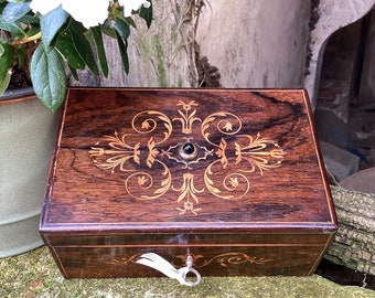 French antique walnut box and key/marquetry trinket box/jewelry box with key/bouquet inlay box/pale blue interior box/French country decor