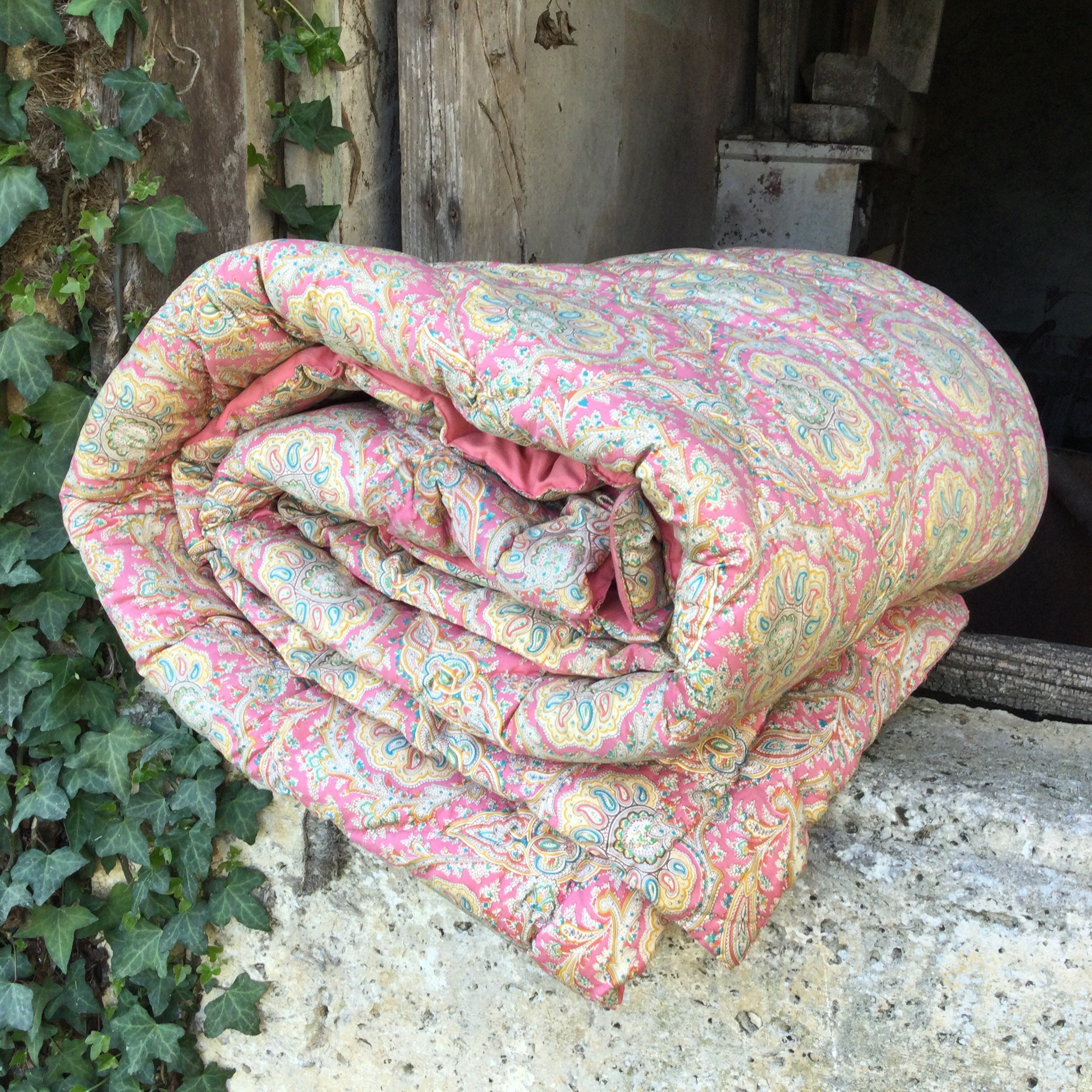 1950 Français Couette Vintage, Plaid/Lit Paisley Rose à Tartiner Jeté Cousu La Main Chintz Coton et 