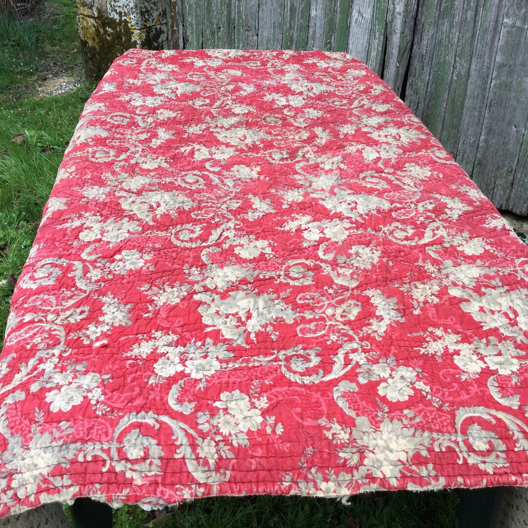 19thc Provençal Boutis/red and Grey Bedspread/hand Stitched Throw