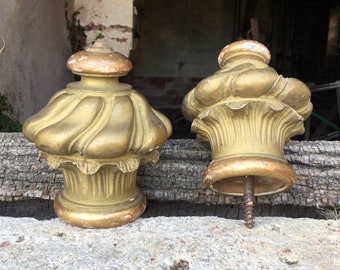 2 Napoleon III carved wood finials/gilded curtain pole ends/gold wood curtain rod tips/French château salvage/a pair of wood pommels