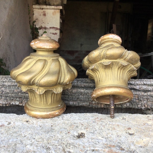 2 Napoleon III carved wood finials/gilded curtain pole ends/gold wood curtain rod tips/French château salvage/a pair of wood pommels