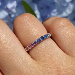 Unicorn Sapphire Mid Eternity Ring Solid 14k Gold, Jewelry Gift Ideas, dainty ring, stackable, ombre blue pink purple sapphire ring