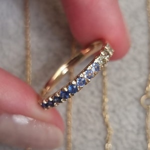 Sapphire Mid Eternity Ring Solid 14k Gold, Ombre Green Blue Sapphire ring, Jewelry Gift Ideas, dainty ring, stackable